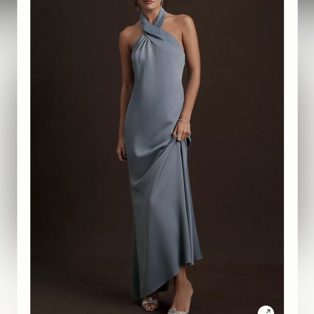 BHLDN Ruby Twist Halter Satin Gown - Dusty Blue